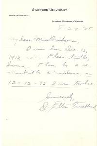 Autograph letter signed (ALS) on his letterhead as Chaplain of Stanford University, August 27, 1938, to a Miss Bridgman Autograph letter signed (ALS) on his letterhead as Chaplain of Stanford University, August 27, 1938, to a Miss Bridgman