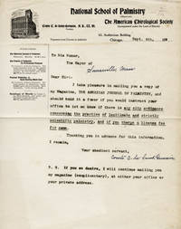 Printed circular on National School of Palmistry letterhead, signed in ink by Valcourt-Vermont using his pseudonym, Comte C. de Saint-Germain
