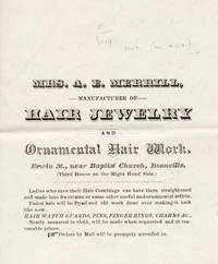 Small bifolium printed promotional leaflet for "Mrs. A. E. Merrill, Manufacturer of Hair Jewelry and Ornamental Hair Work," with an autograph note, signed, on an inside page