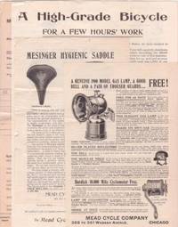 GROUP OF FOUR ITEMS FEATURING THE ALEXIS SPECIAL BICYCLE, MESINGER HYGIENIC SADDLES, A GAS-LAMP HEADLIGHT, BELLS, ETC
