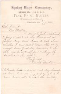 Autograph letter signed (ALS) on letterhead of Spring Hope Creamery, Timicula, PA, 6/4/1891, to "Est. Friend Dr. Martin Autograph letter signed (ALS) on letterhead of Spring Hope Creamery, Timicula, PA, 6/4/1891, to "Est. Friend Dr. Martin