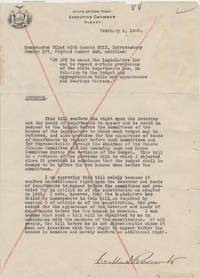 Governor Roosevelt Signs A Memorandum To A New York State Bill Giving Him “An Additional Right Upon The Governor And Heads Of Departments To Appear Before The Committee Not Provided For In Article 4a Of The Constitution As Adopted In 1927”
