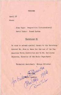 Program for a performance of Variations VI on April 27 [1966], signed by both John Cage and David Tudor
