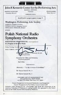 Signed program excerpt featuring a performance at the John F. Kennedy Center for the Performing Arts on November 22, 1974 [Subtitle]: with Penderecki conducting the Polish National Radio Symphony Orchestra in a program of his own works