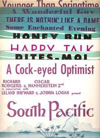 Sheet music (10) from this Broadway show.  Songs:  Bali Ha'i;  A Cock-eyed Optimist;  Dites-moi;  Happy Talk;  Honey Bun;  I'm Gonna Wash That Man Right Outa My Hair;  Some Enchanted Evening;  There Is Nothin' Like A Dame;  A Wonderful Guy;  Younger Than Springtime
