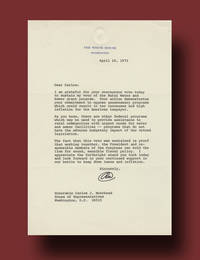 President Nixon thanks a freshman Republican Congressman for sustaining his veto of a bill that could have led to tax increases and high inflation for the American taxpayer  as a member of the House Judiciary Committee, in 1974, the Congressman voted against all three Articles of Impeachment against President Nixon