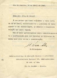 Typed letter signed and dated Rio de Janeiro, April 18, 1940