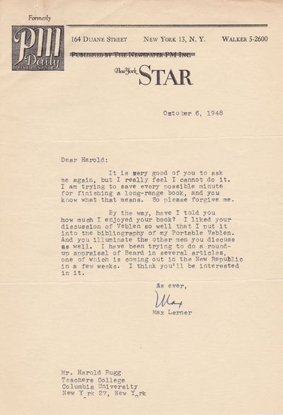 Image for TYPED LETTER TO HAROLD RUGG SIGNED BY MAX LERNER. Together with 2 pages of Rugg's autograph notes on possible speakers for his lecture series.