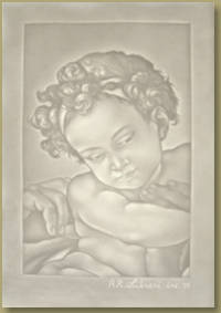 Light-and-shade watermark depicting a detail from Michelangelo Buonarroti's  "Gesu bambino del Tondo Doni
