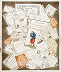 [Trompe l'oeil of paper money and other printed financial ephemera]