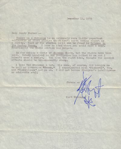 Typed letter signed with interesting content re: Canary in a Cat House, Sirens of Titan and the name Kilgore Trout. Image for Typed letter signed with interesting content re: Canary in a Cat House, Sirens of Titan and the name Kilgore Trout.