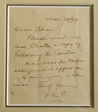Autograph note to [Elisha] Bliss dated Nov. 30/[18]99 regarding Following the Equator