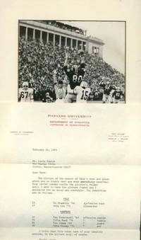 TSL from Eric Cutler ['40], Assistant Director of Athletics, Harvard University to [William] Davis Taylor [1909-2002] of the Boston Globe (AND) Matted photograph "THE GAME" identifying Yale and Harvard players on November 23, 1969 [actor: Tommy Lee Jones aka #61 Tom Jones '69, offensive guard]