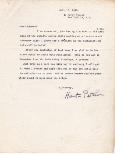 Image for TYPED LETTER TO HAROLD RUGG OF COLUMBIA UNIVERSITY'S TEACHERS COLLEGE SIGNED BY RUTGERS UNIVERSITY PROFESSOR HOUSTON PETERSON.