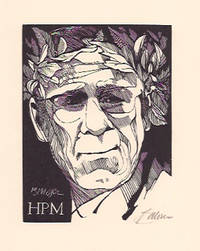 Original wood engraved print of Harold McGrath crowned in poet's laurels, in black