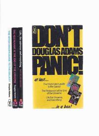 DON'T PANIC ---at last, The Hitch-hikers Guide to the Galaxy ---with The Restaurant at the End of the Universe ----with Life, the Universe, and Everything ---a Slipcased Trilogy ( Boxed / Box / Slipcase ) DON'T PANIC ---at last, The Hitch-hikers Guide to the Galaxy ---with The Restaurant at the End of the Universe ----with Life, the Universe, and Everything ---a Slipcased Trilogy ( Boxed / Box / Slipcase )
