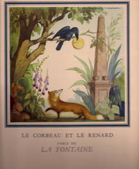 Seven Menus for the French Line of the Compagnie G&eacute;n&eacute;rale Transatlantique, featuring a lush full color illustration of a La Fontaine fable on the front cover. The back cover prints the fable, with one or two vignettes in blue