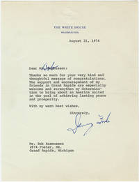 Only days after assuming the presidency on the resignation of Richard Nixon, Gerald Ford thanks a strong supporter, adding a holographic greeting ~ "The support and encouragement of my friends in Grand Rapids are especially welcome and strengthen my determination to bring about an America united in the goal of achieving lasting peace and prosperity
