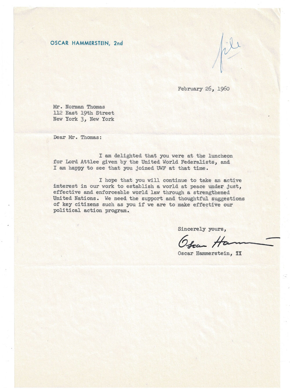 TYPED LETTER SIGNED by the American Musical Theater Producer, Director and Composer OSCAR HAMMERSTEIN II to the Socialist and perennial candidate for US President Norman Thomas.