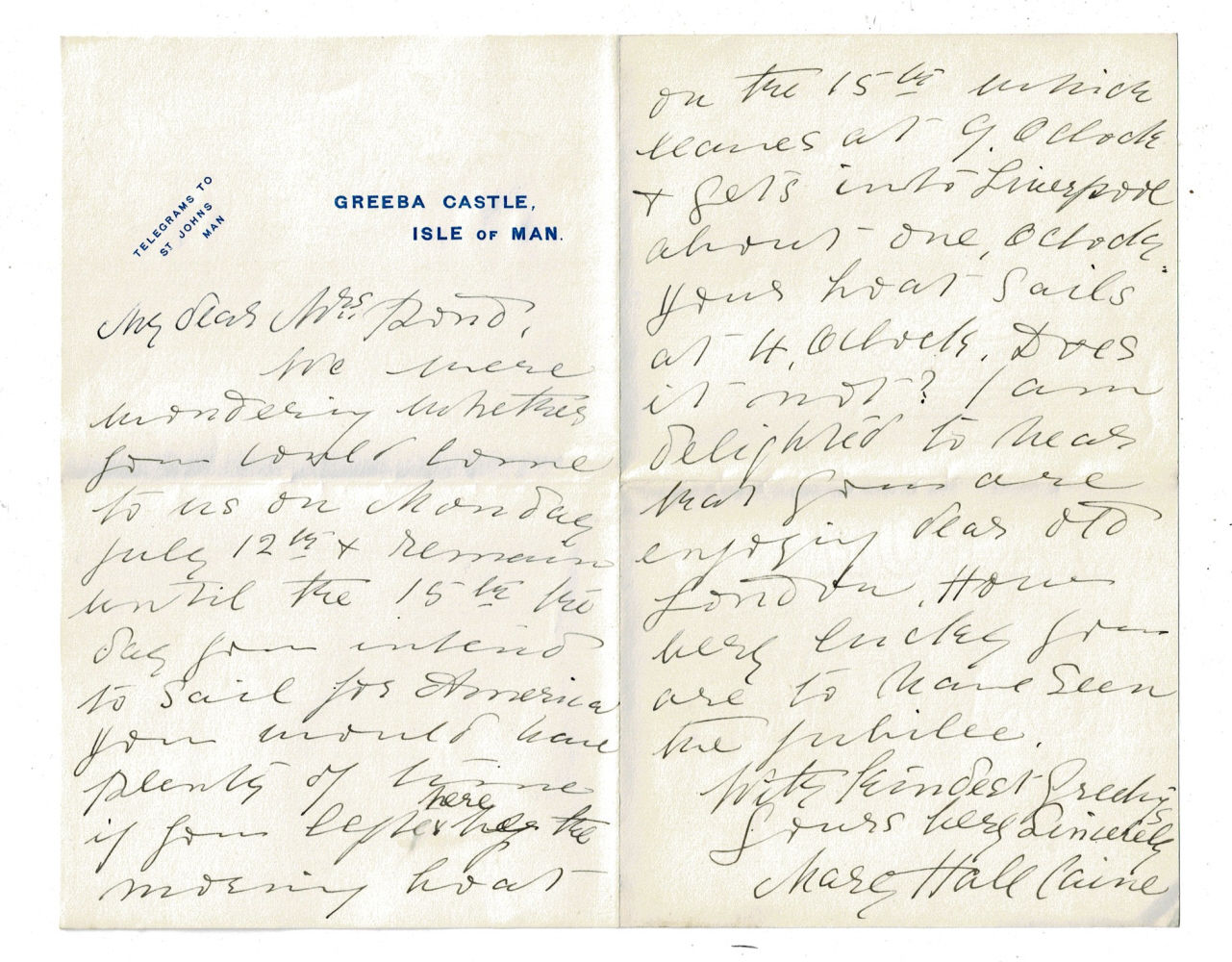 TYPED NOTE SIGNED by the British novelist, poet & critic HALL CAINE, together with an AUTOGRAPH LETTER SIGNED by his wife, MARY ALICE CAINE, the archivist of 19th century literature.