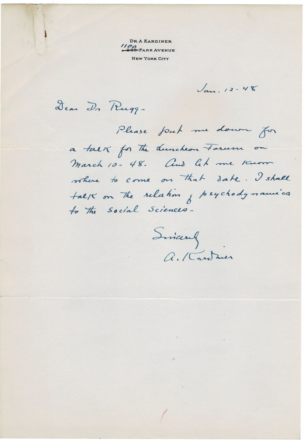 AUTOGRAPH LETTER SIGNED by the American psychiatrist & psychoanalytic therapist ABRAM KARDINER discussing arrangements for a lecture with the noted education reformer Dr. Harold Rugg.