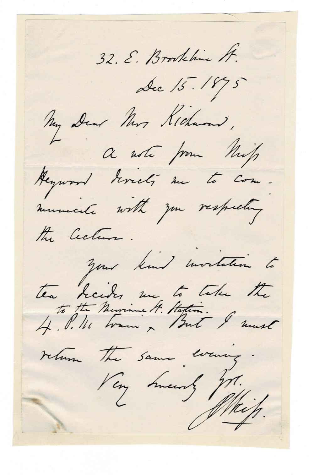 AUTOGRAPH LETTER SIGNED by the Transcendentalist Unitarian Clergyman JOHN WEISS accepting an invitation to tea.