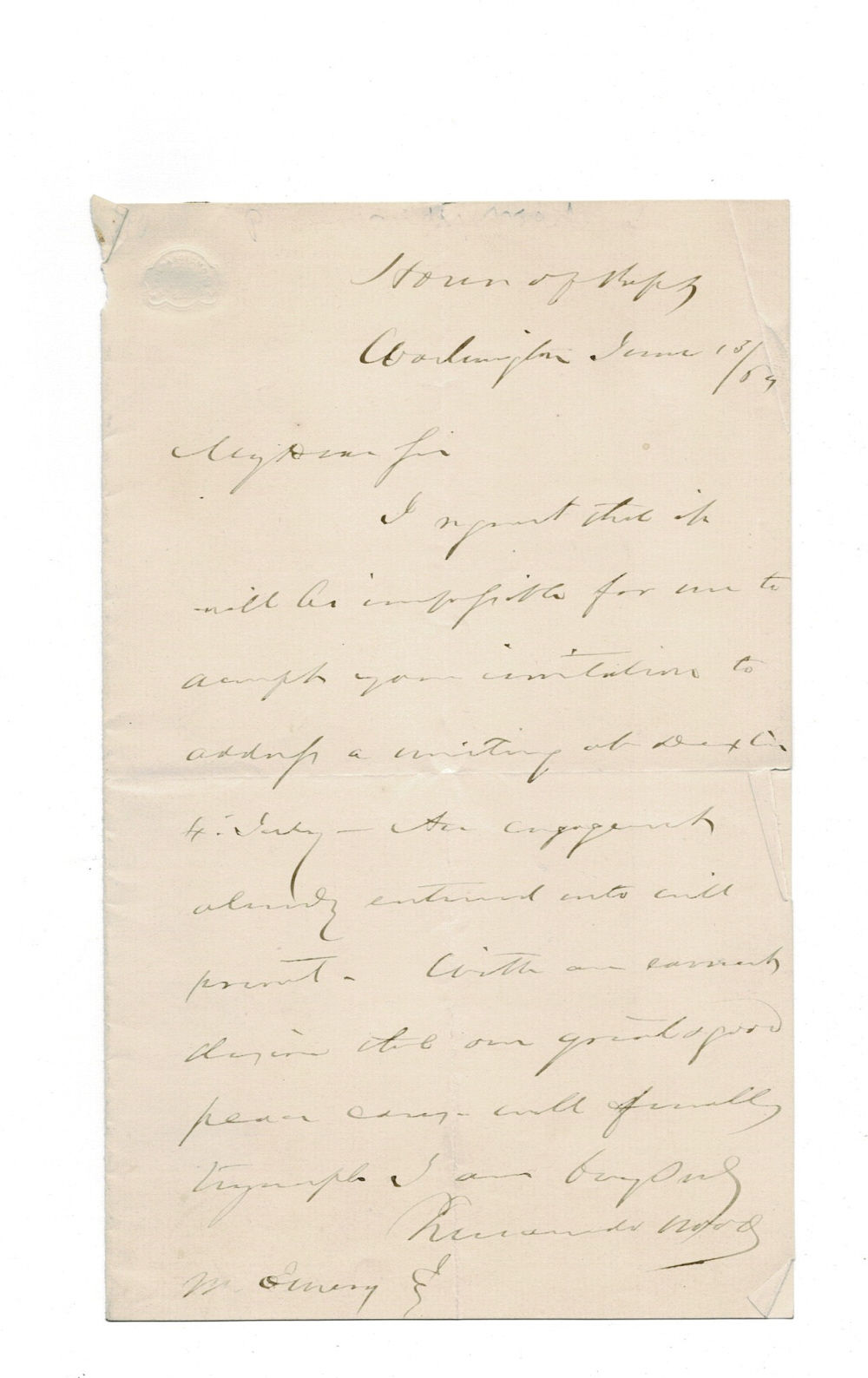 AUTOGRAPH LETTER SIGNED by the former Mayor of New York City and Confederate sympathizing U.S. Congressman FERNANDO WOOD regretting that he will not be able to address a meeting.