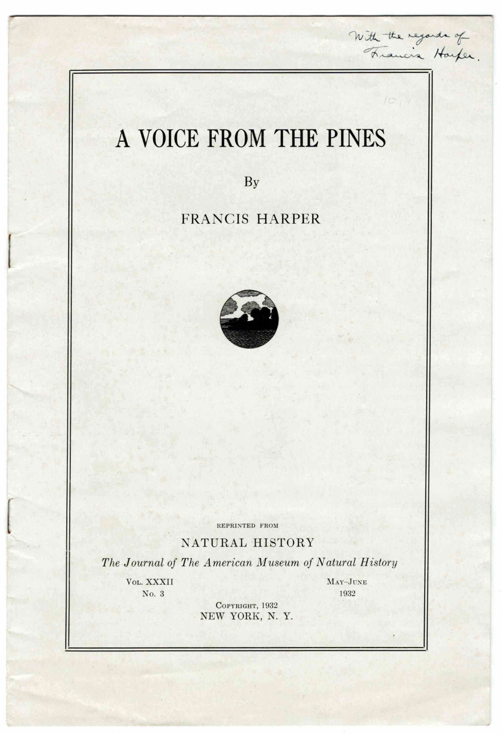 A VOICE FROM THE PINES. [INSCRIBED & SIGNED by FRANCIS HARPER].