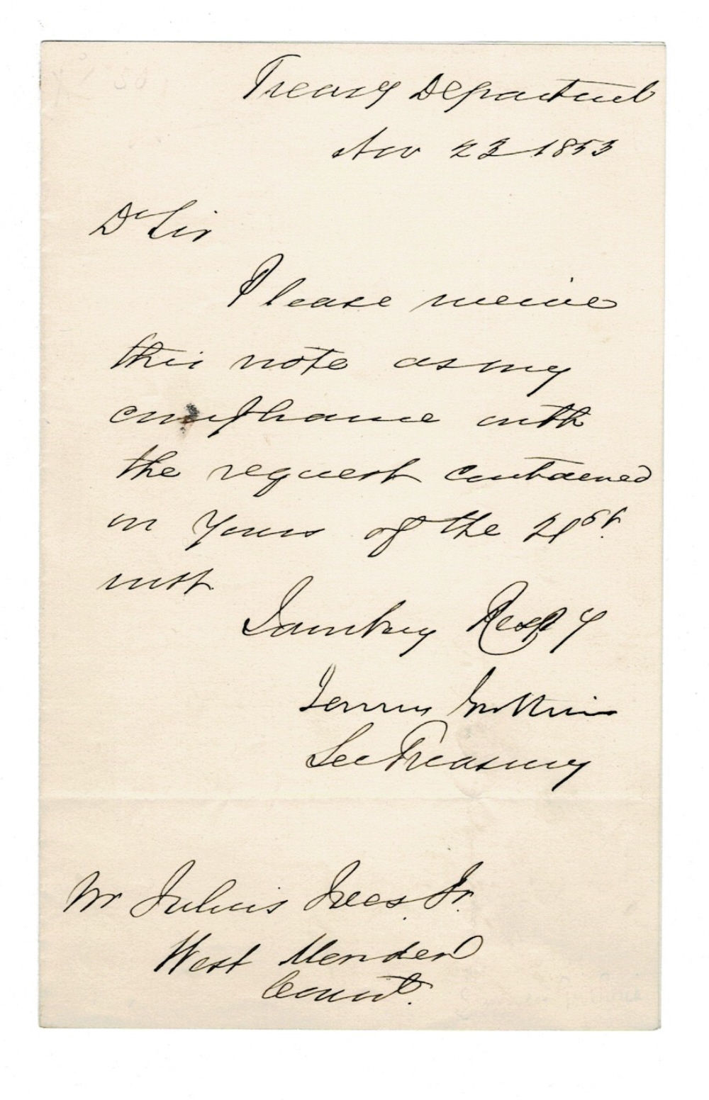 AUTOGRAPH NOTE SIGNED by JAMES GUTHRIE as U.S. Secretary of the Treasury.