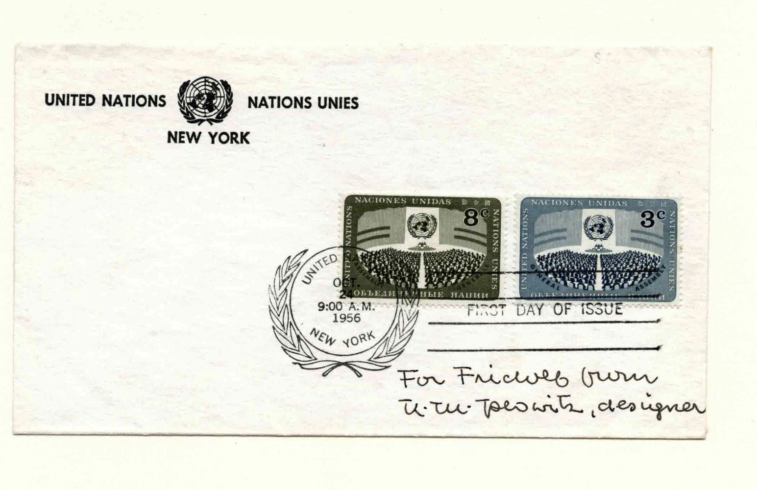 Image for UNITED NATIONS POSTAGE STAMPS: FIRST DAY OF ISSUE COVER, INSCRIBED & SIGNED by the stamps' designer Kurt Plowitz. UNITED NATIONS POSTAGE STAMPS: FIRST DAY OF ISSUE COVER, INSCRIBED & SIGNED by the stamps' designer Kurt Plowitz.