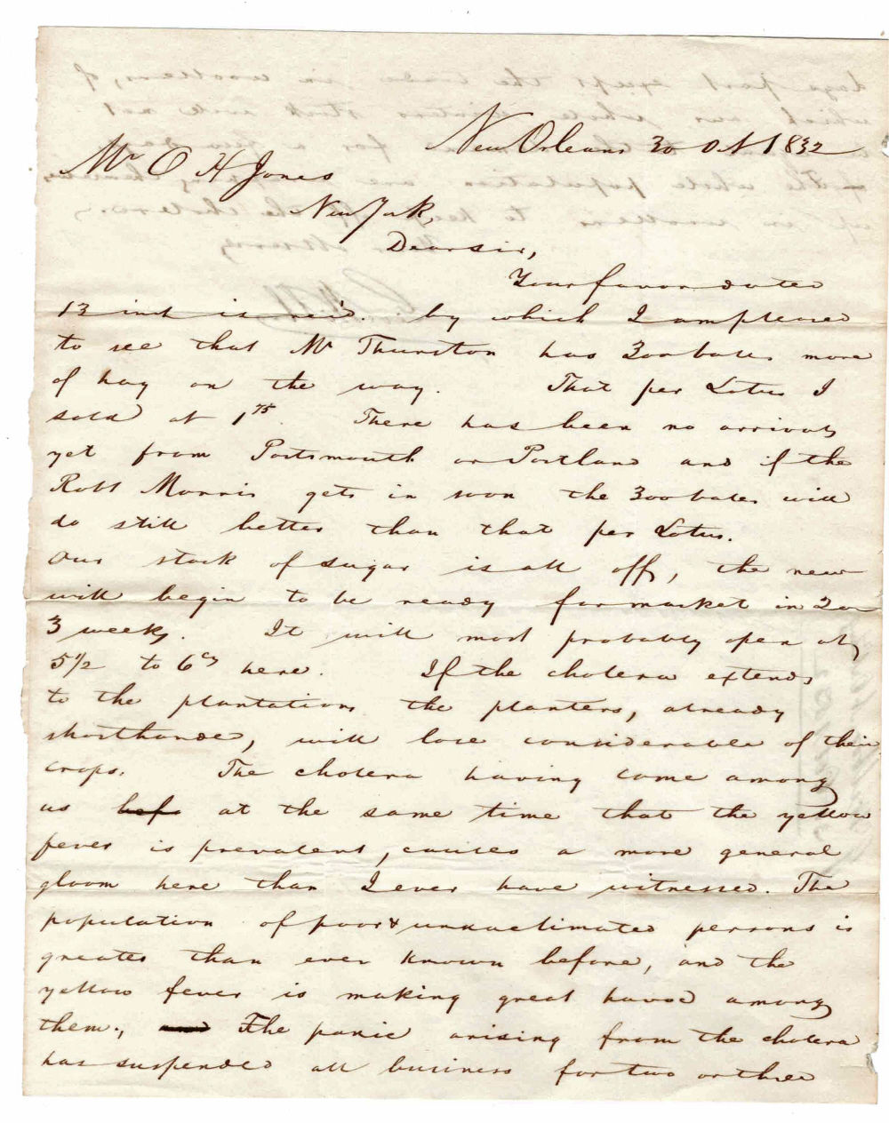 AUTOGRAPH LETTER SIGNED by New Orleans merchant GEORGE WILBUR regarding the effects of Yellow Fever and the CHOLERA EPIDEMIC of 1832-1833 on trade.