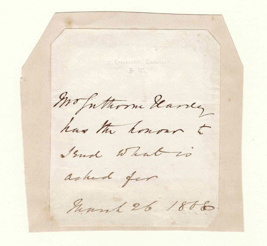 Image for AUTOGRAPH NOTE SIGNED in the text by the Lord President of the Council GATHORNE GATHORNE-HARDY, 1ST EARL OF CRANBROOK. AUTOGRAPH NOTE SIGNED in the text by the Lord President of the Council GATHORNE GATHORNE-HARDY, 1ST EARL OF CRANBROOK.