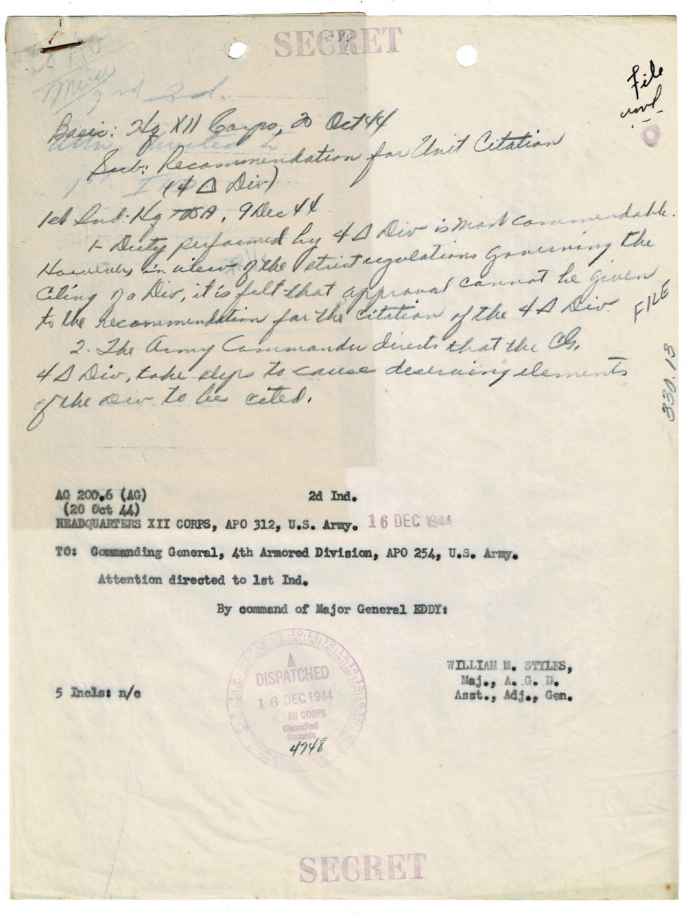Image for WORLD WAR 2 CARBON AND MIMEOGRAPHED FILE DOCUMENTS from HEADQUARTERS OF THE XII CORPS and U.S. THIRD ARMY. WORLD WAR 2 CARBON AND MIMEOGRAPHED FILE DOCUMENTS from HEADQUARTERS OF THE XII CORPS and U.S. THIRD ARMY.
