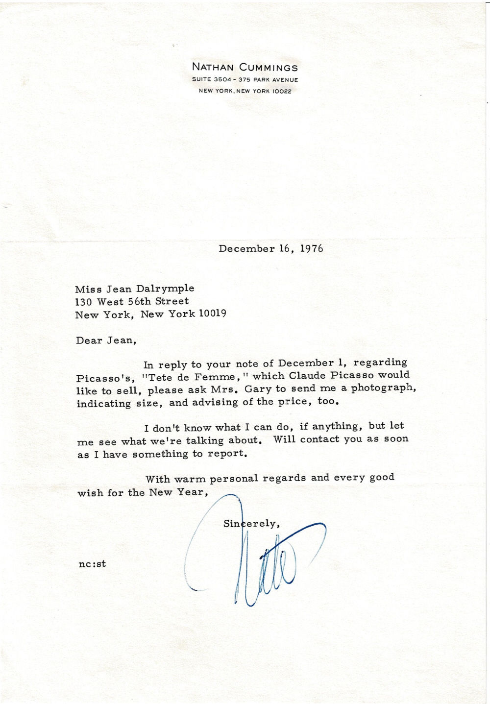 Image for TYPED LETTER SIGNED by the Canadian-American businessman & philanthropist NATHAN CUMMINGS to City Center Producer Jean Dalrymple regarding a Pablo Picasso sculpture which Claude Picasso would like to sell. TYPED LETTER SIGNED by the Canadian-American businessman & philanthropist NATHAN CUMMINGS to City Center Producer Jean Dalrymple regarding a Pablo Picasso sculpture which Claude Picasso would like to sell.