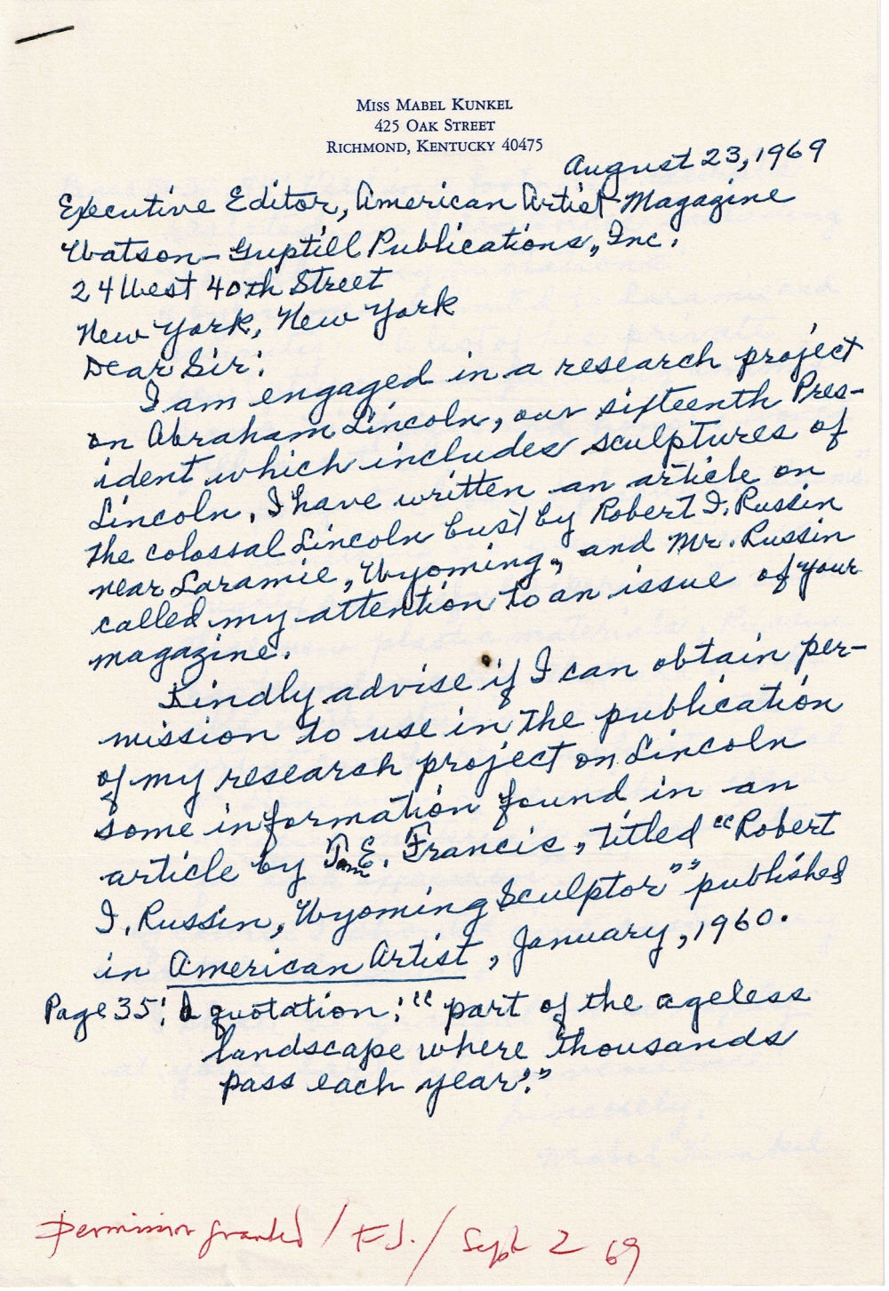 Image for AUTOGRAPH LETTER SIGNED by the American biographical author MABEL KUNDEL seeking permission to use information from an article in American Artist Magazine for her book on Lincoln AUTOGRAPH LETTER SIGNED by the American biographical author MABEL KUNDEL seeking permission to use information from an article in American Artist Magazine for her book on Lincoln