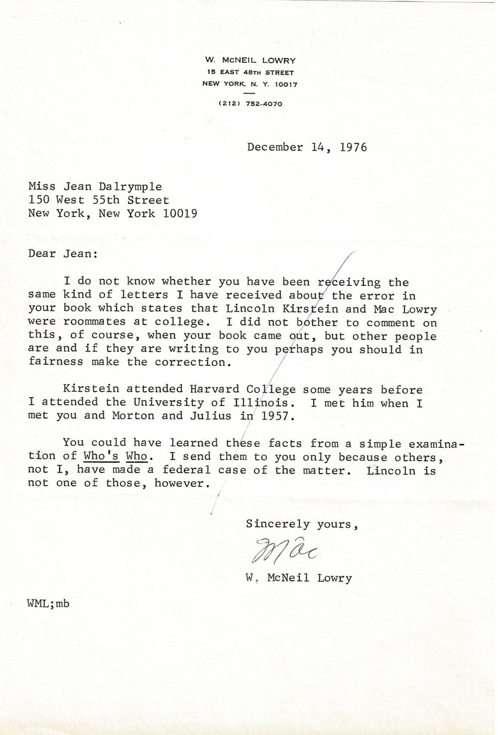 Image for TYPED LETTER SIGNED by the former vice president of the Ford Foundation W. McNEIL LOWRY, about an error in City Center Producer Jean Dalrymple's book. TYPED LETTER SIGNED by the former vice president of the Ford Foundation W. McNEIL LOWRY, about an error in City Center Producer Jean Dalrymple's book.