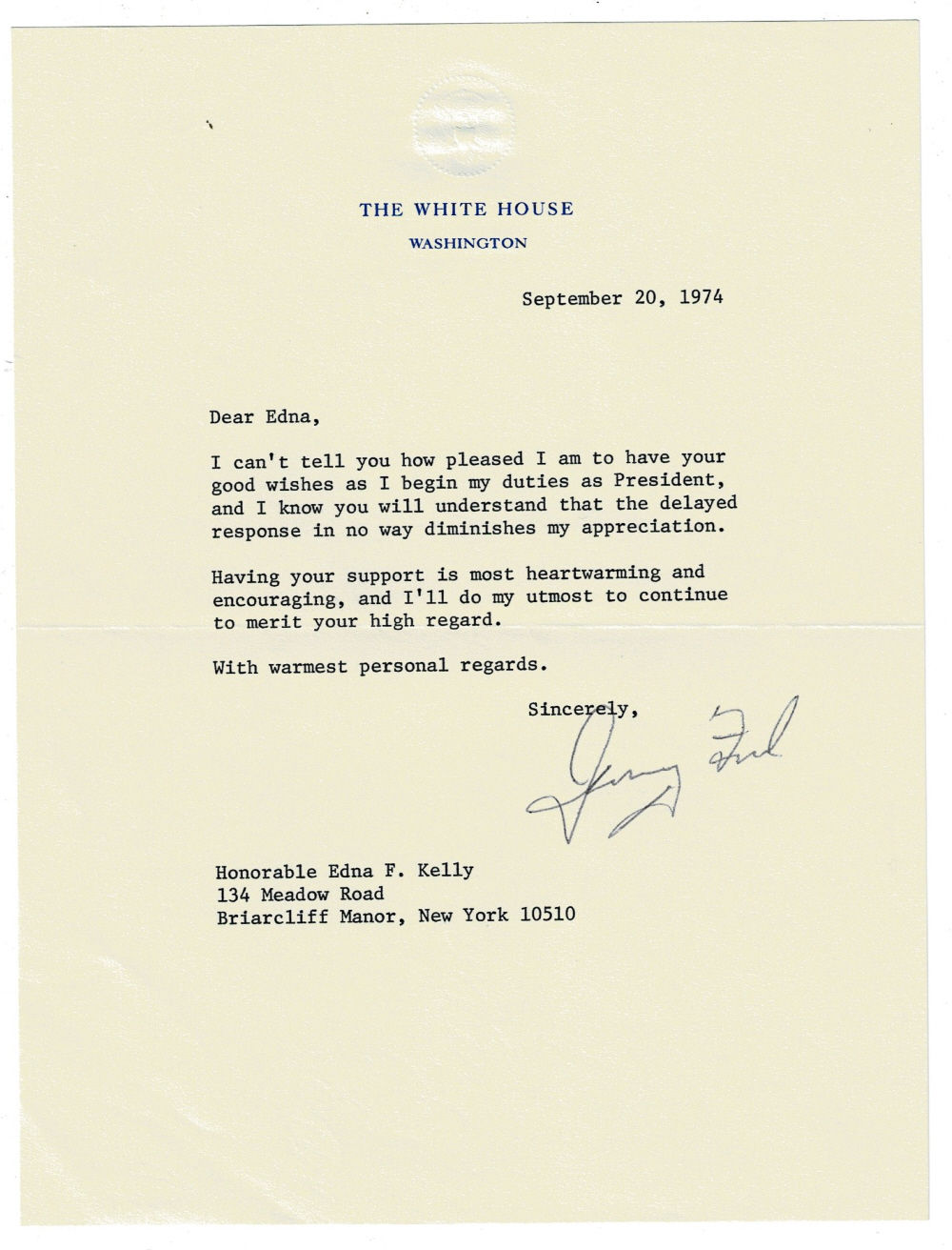Image for TYPED LETTER SIGNED by JERRY FORD as President thanking the former Democratic Congresswoman from New York Edna F. Kelly for her support upon taking office. TYPED LETTER SIGNED by JERRY FORD as President thanking the former Democratic Congresswoman from New York Edna F. Kelly for her support upon taking office.