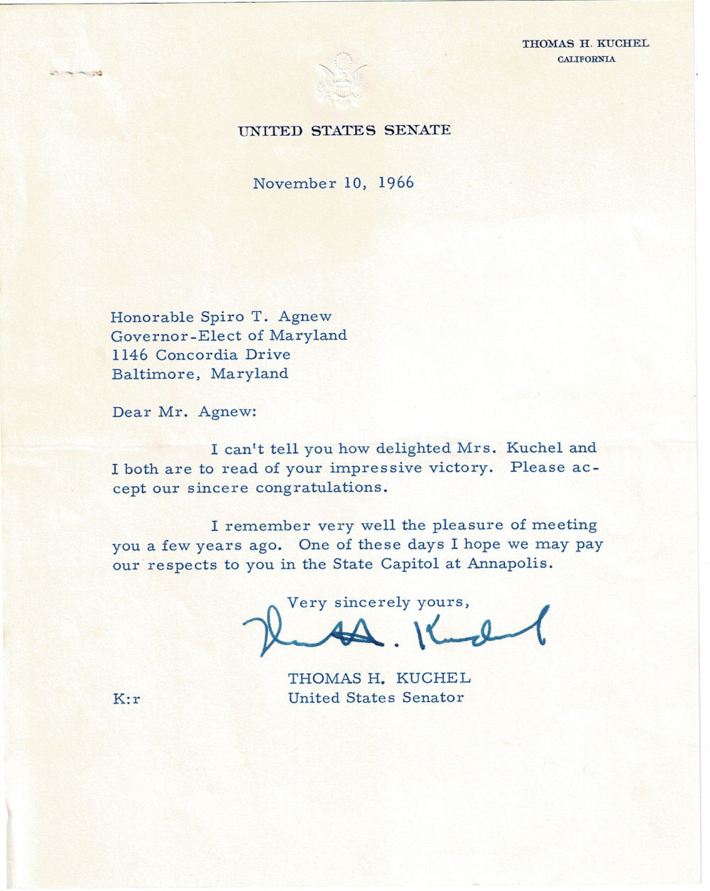 TYPED LETTER SIGNED by the U.S. Senator from California THOMAS KUCHEL, congratulating SPIRO AGNEW on his election as Governor of Maryland.