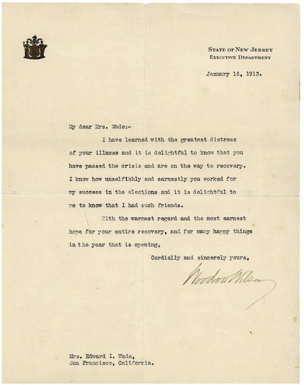 Image for TYPED LETTER SIGNED by President-elect WOODROW WILSON as Governor of the State of New Jersey to a dedicated campaign supporter. TYPED LETTER SIGNED by President-elect WOODROW WILSON as Governor of the State of New Jersey to a dedicated campaign supporter.