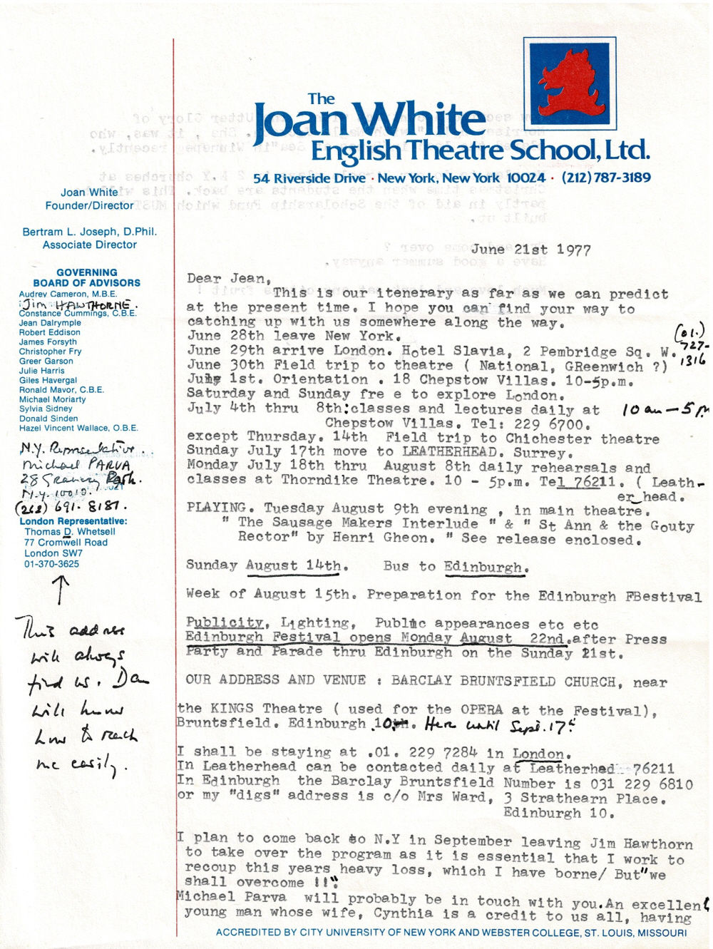 TYPED LETTER SIGNED by the British film & television actress and theatre director JOAN WHITE to Manhattan City Center producer Jean Dalrymple, with autograph annotations in Joan White's hand.