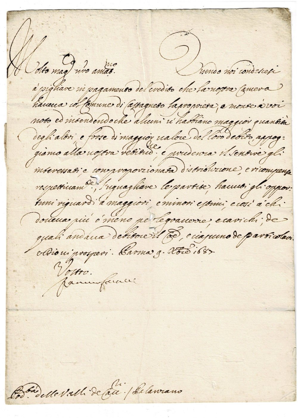 HOLOGRAPH LETTER SIGNED by the Sixth Duke of Parma and Piacenza RANUCIO II FARNESE regarding financial matters related to the municipality of Castagento, with the original paper seal.