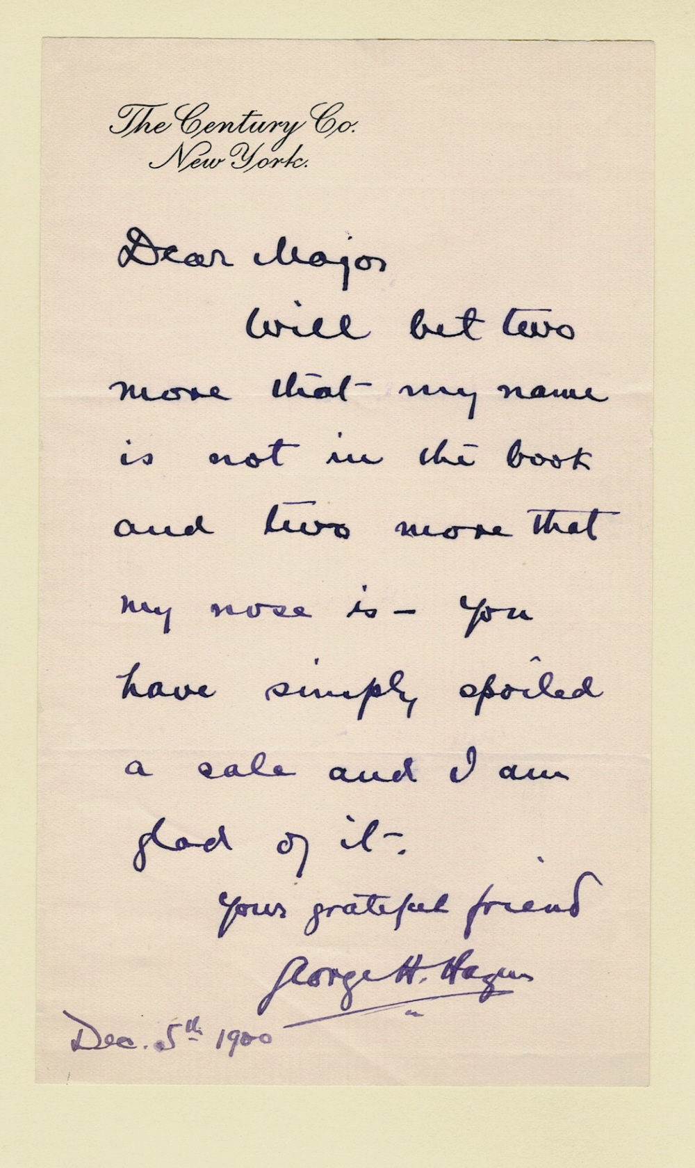 Image for A Playful AUTOGRAPH LETTER SIGNED by the publisher GEORGE H. HAZEN betting Major Pond that his name is not in the book. A Playful AUTOGRAPH LETTER SIGNED by the publisher GEORGE H. HAZEN betting Major Pond that his name is not in the book.