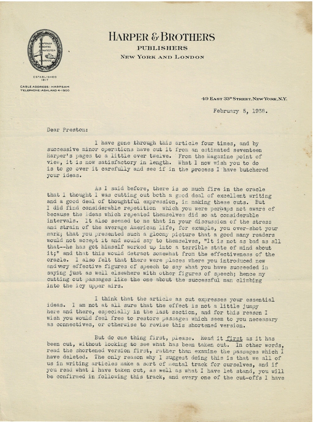 Image for TYPED LETTER SIGNED by the editor of Harper's Magazine FREDERICK ALLEN LEWIS regarding his cuts to an article by the author & historian JOHN HYDE PRESTON. TYPED LETTER SIGNED by the editor of Harper's Magazine FREDERICK ALLEN LEWIS regarding his cuts to an article by the author & historian JOHN HYDE PRESTON.