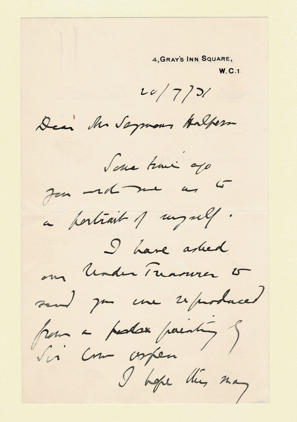 Image for AUTOGRAPH LETTER SIGNED by the British Judge HENRY DUKE, 1ST BARON MERRIVALE sending a portrait of himself to the young Seymour Halpern. AUTOGRAPH LETTER SIGNED by the British Judge HENRY DUKE, 1ST BARON MERRIVALE sending a portrait of himself to the young Seymour Halpern.