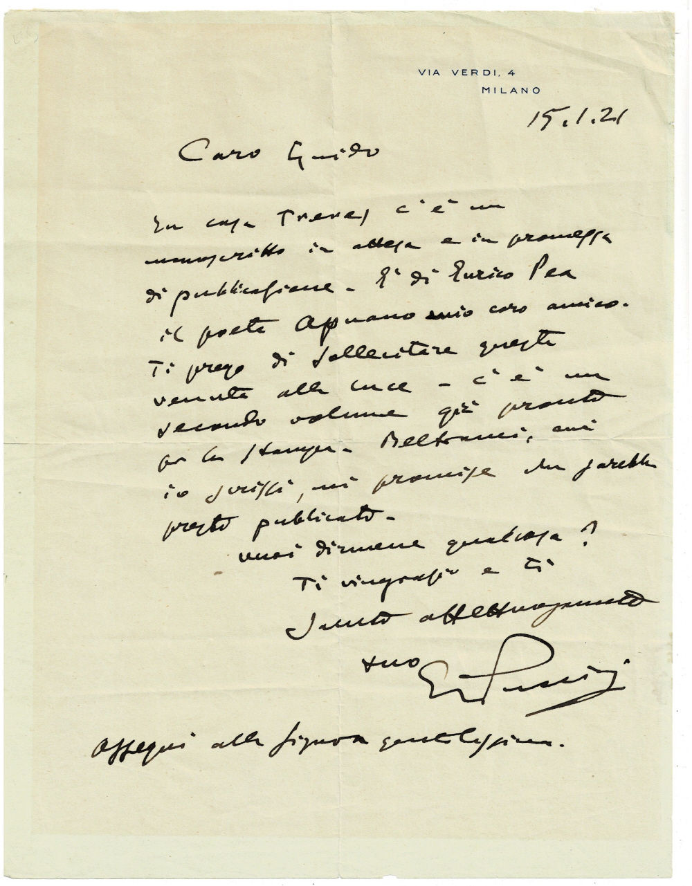 An important AUTOGRAPH LETTER SIGNED by the great Italian Opera composer GIACOMO PUCCINI to the publishers Fratelli Treves on behalf of his friend, the Italian poet, novelist, and playwright Enrico Pea.
