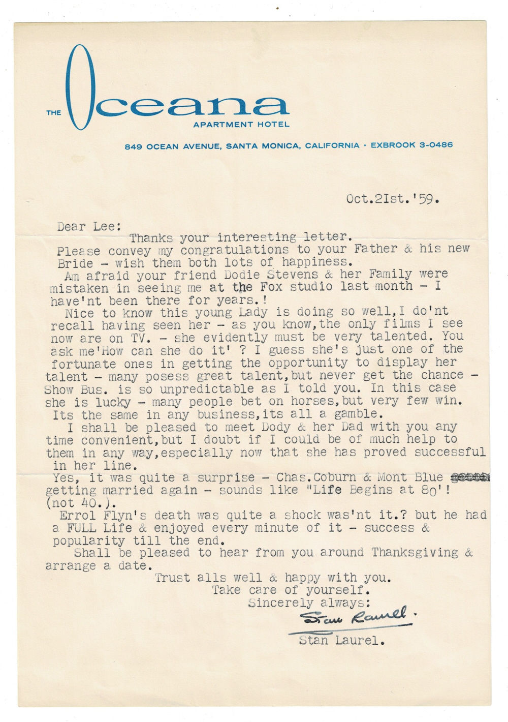TYPED LETTER SIGNED by the comic actor STAN LAUREL who was part of the comedy duo 