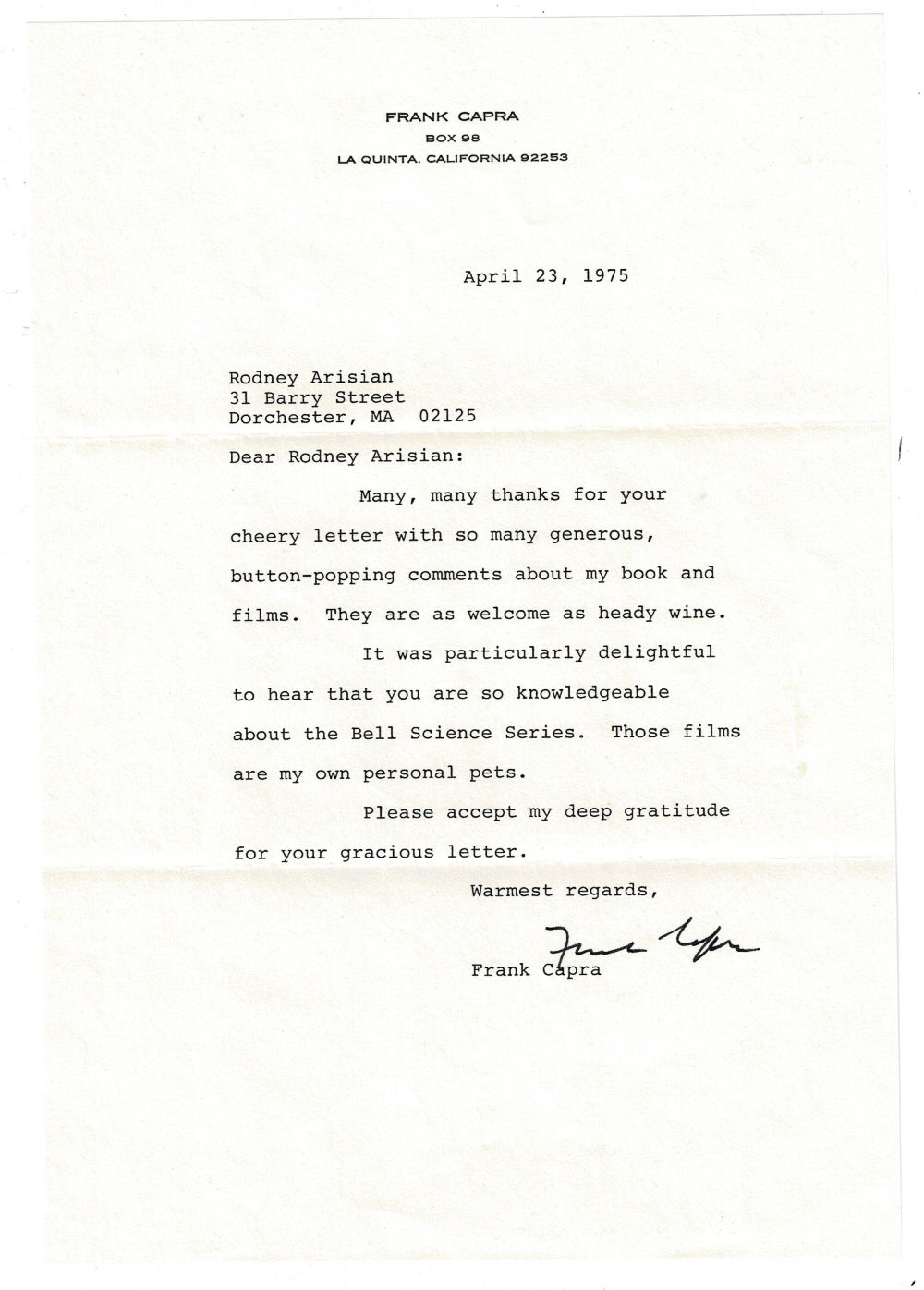 TYPED LETTER SIGNED by the Academy Award winning film director FRANK CAPRA referring to his book and the Bell Science Series television specials he wrote and produced.