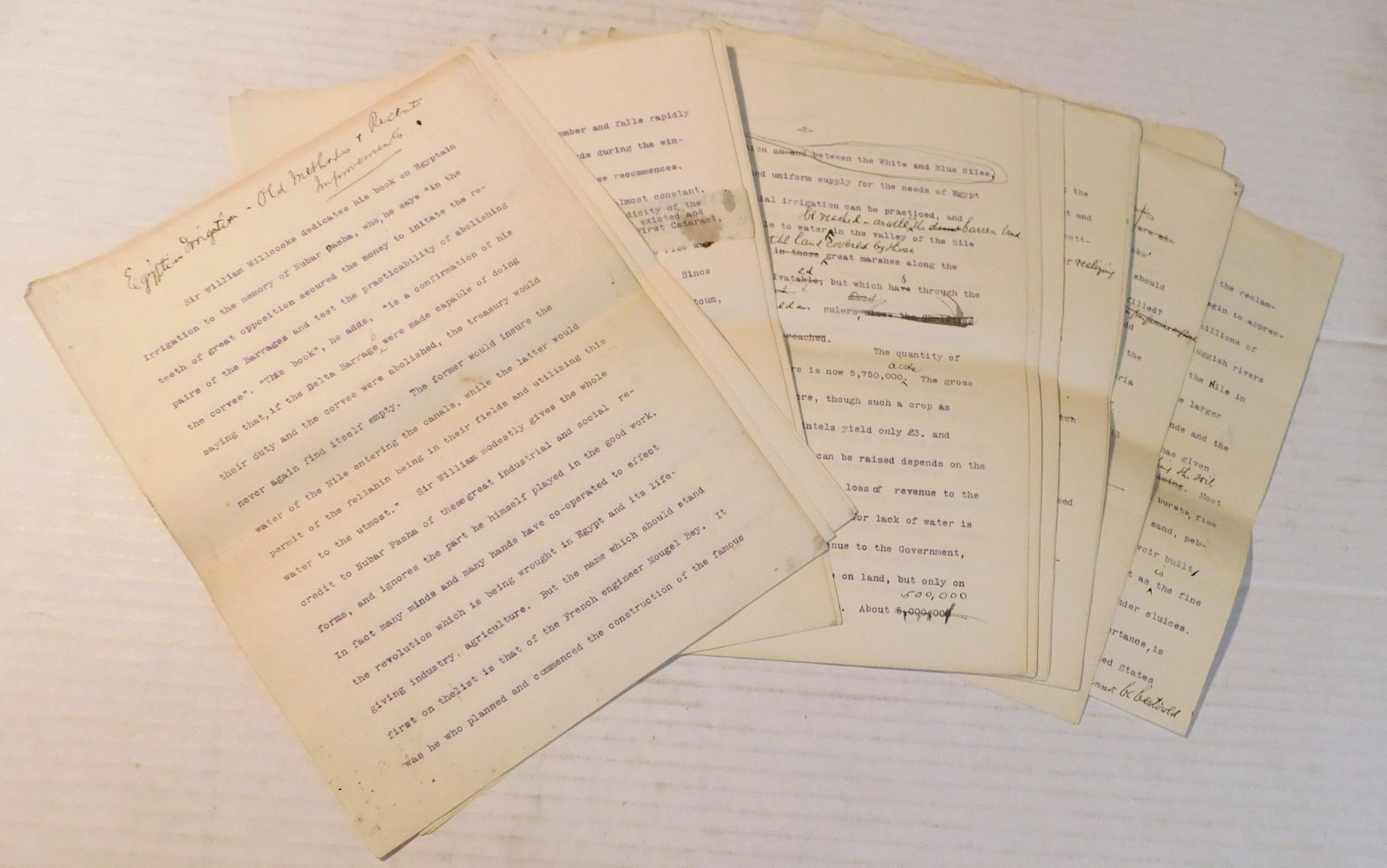 EGYPTIAN IRRIGATION - OLD METHODS & RECENT IMPROVEMENTS: [A unique, original 24 PAGE TYPED MANUSCRIPT on Egyptian Irrigation with PROFUSE CORRECTIONS & ADDITIONS in INK].