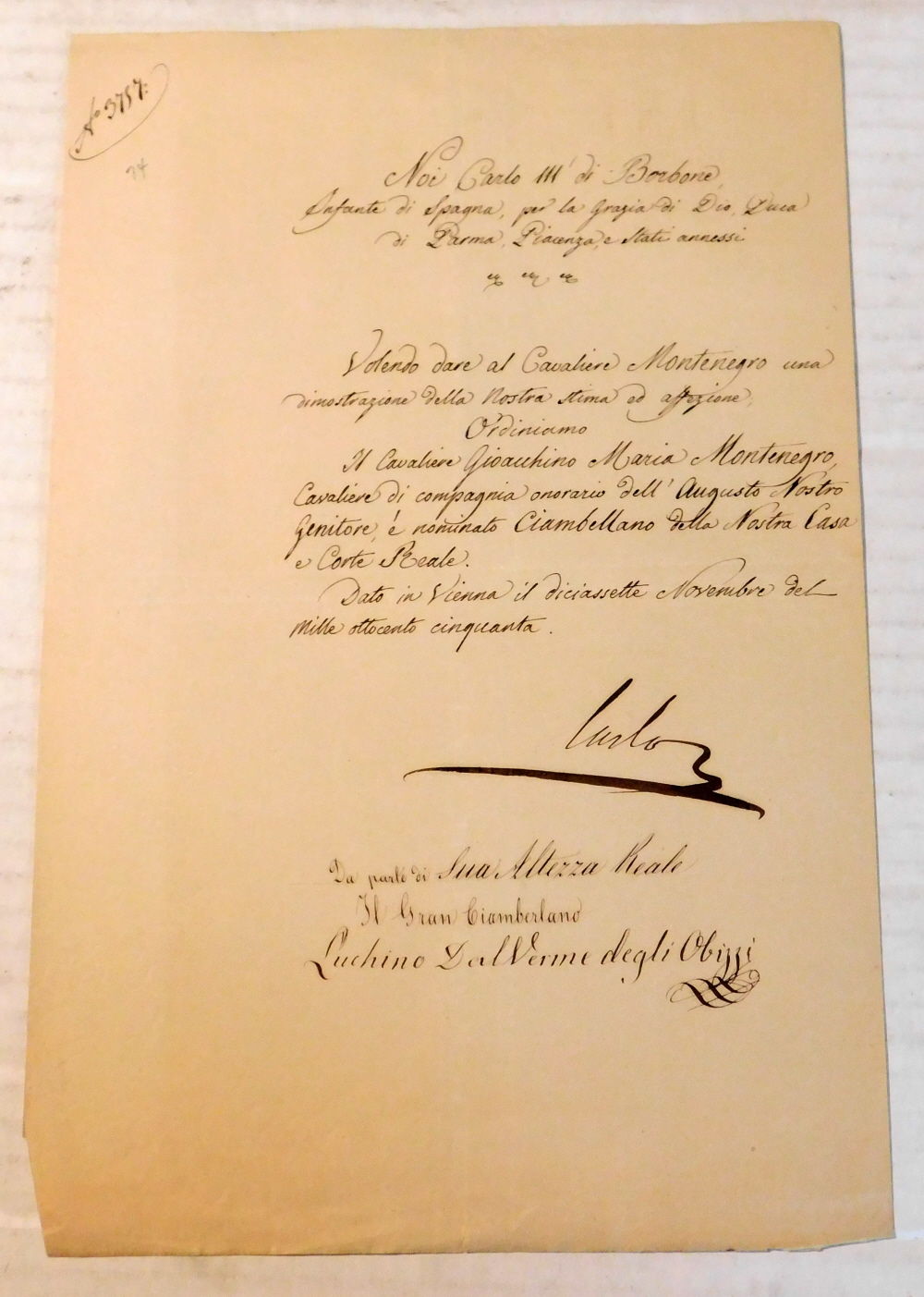 Image for HOLOGRAPH DOCUMENT SIGNED by the Italian noble CHARLES III, DUKE OF PARMA, ordaining Knight Gioacchino Maria Montenegro as Chamberlain. HOLOGRAPH DOCUMENT SIGNED by the Italian noble CHARLES III, DUKE OF PARMA, ordaining Knight Gioacchino Maria Montenegro as Chamberlain.