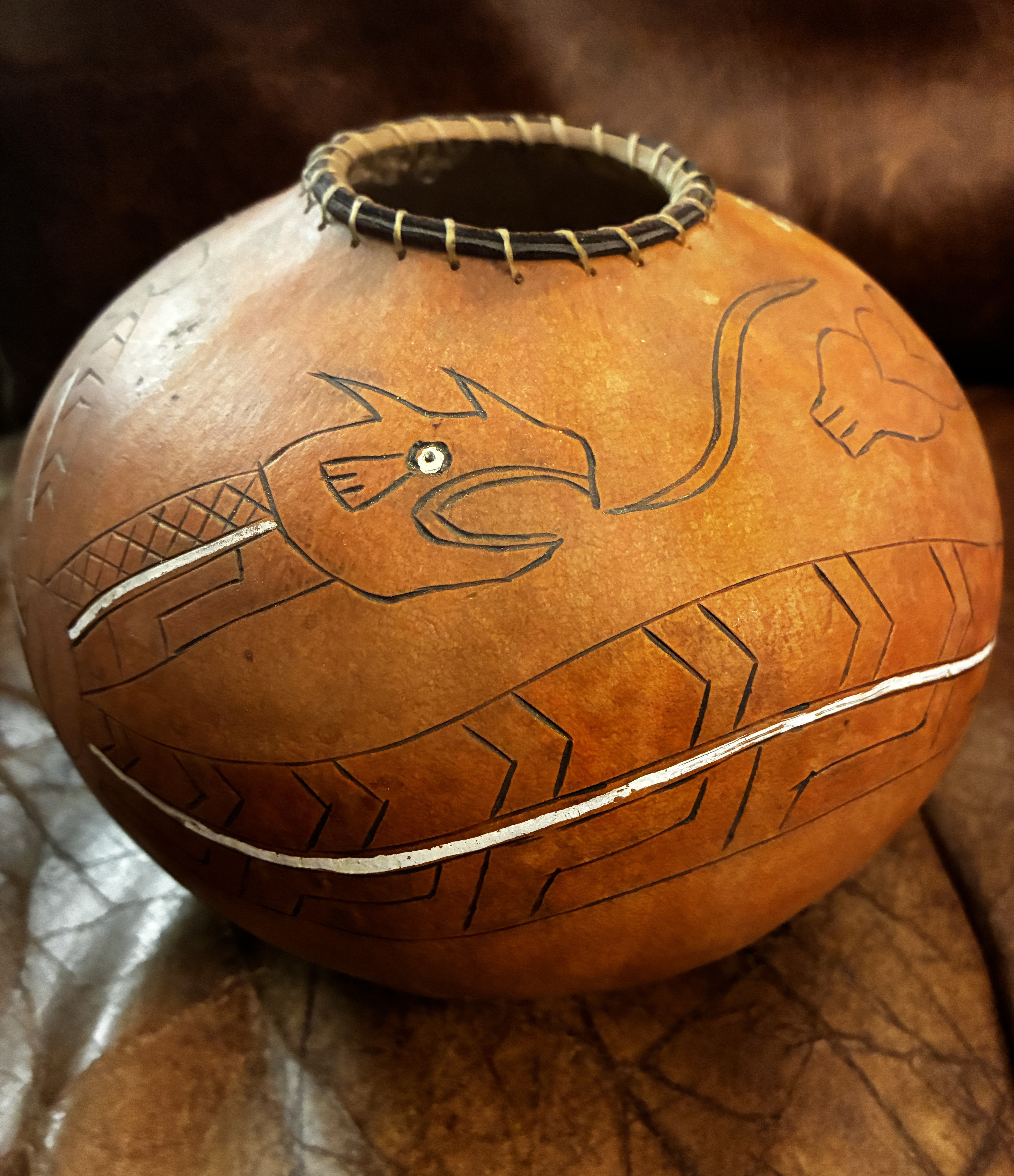 Hand Carved and Etched Horned Serpent Spiro Shell Gourd 6